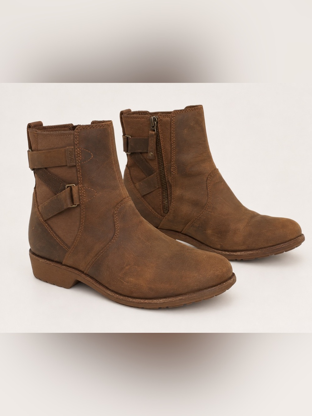Teva Ellery Women’s 8.5 Brown Leather Waterproof Ankle Boots Moto Harness Zip